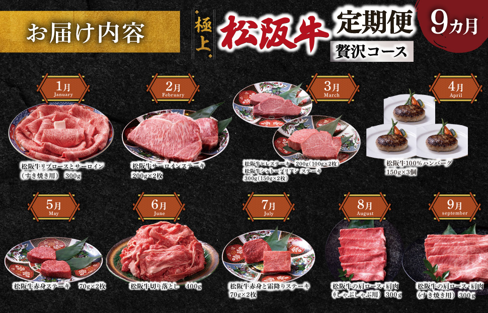 極上 松阪牛 贅沢 コース 定期便 9か月 牛追道中 肉 牛 牛肉 和牛 ブランド牛 高級 国産 霜降り 冷凍 ヒレ シャトーブリアン 赤身 ハンバーグ リブロース サーロイン すき焼き しゃぶしゃぶ