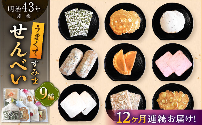 
            【12回定期便】うまくてすみませんべい バラエティ詰合せ（9種） /恵比須堂 [UBQ004]
          