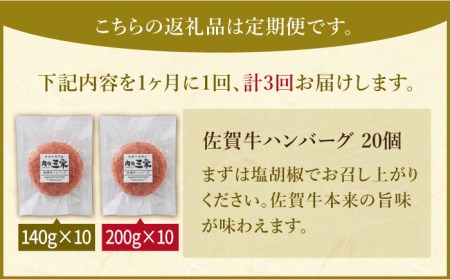 【全3回定期便】たっぷり 佐賀牛 ハンバーグセット（20個）【肉の三栄】A5ランク 黒毛和牛[HAA039] 牛肉 佐賀牛 A5ランク  牛肉 佐賀牛 黒毛和牛 牛肉 佐賀牛 A5 牛肉 佐賀牛 佐賀