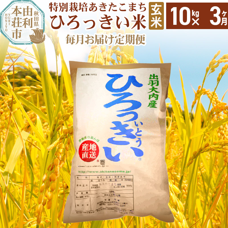 《定期便3ヶ月》【玄米】 秋田県産 あきたこまち 10kg 令和6年産 特別栽培米 ひろっきい米