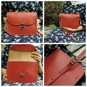 蝶モチーフのアンティークなヌメ革ショルダーバッグ ≪レッド≫【hrn02】