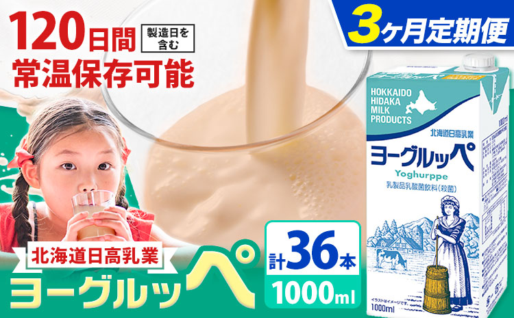 【3ヶ月定期便】ロングライフ 常温保存可能 ヨーグルッペ 1000ml × 12本 日高乳業《お申込み翌月から出荷》北海道 日高町 乳酸菌飲料 常温 備蓄 ストック 1L---hohdk_hhn_9_