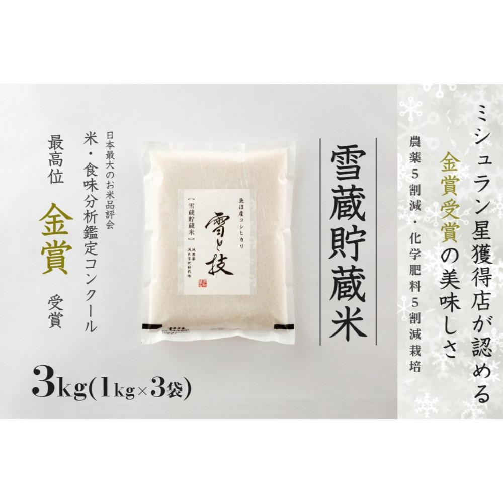 【ふるさと納税】【令和7年産 新米 予約】雪蔵貯蔵米 魚沼産コシヒカリ 雪と技 3kg (1kg×3袋) 1回～12回 金賞受賞 農薬5割減・化学肥料5割減栽培 藤ノ木株式会