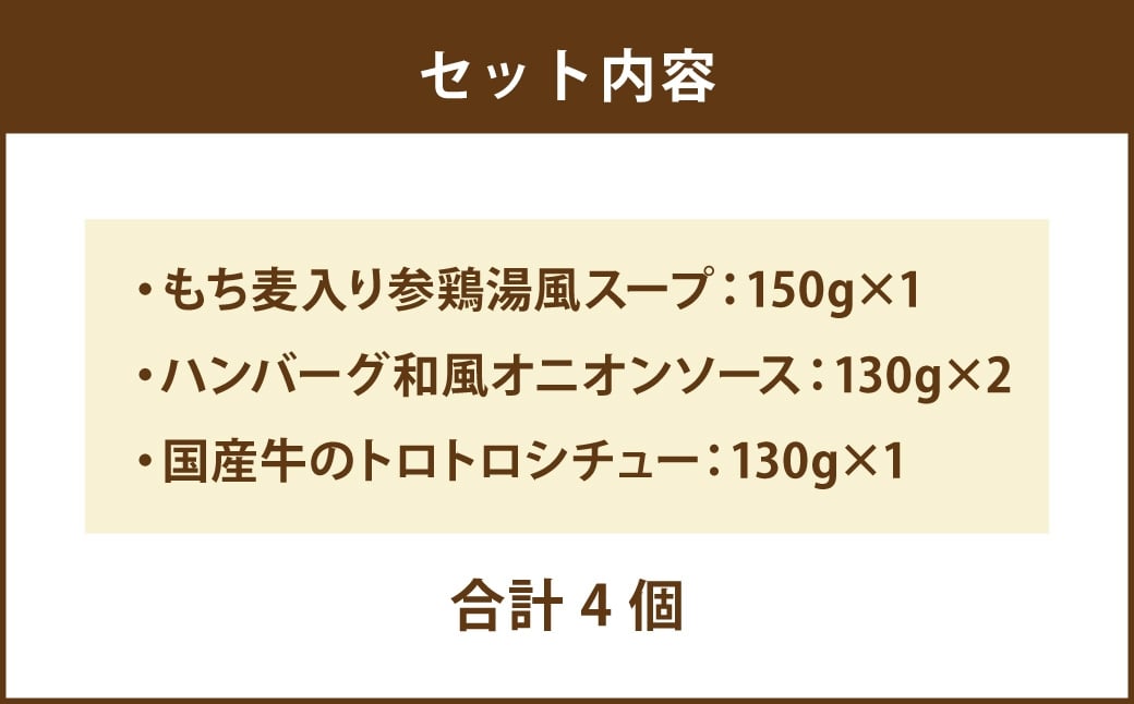 【 毎日の食事にちょい足し 】 ぶどうの樹の 「 健康応援ごはん 」 たんぱく質が摂れるシリーズ 4食セット 冷凍 おかず 簡単 時短 料理 もち麦 参鶏湯風スープ ハンバーグ 和風 シチュー 国産牛