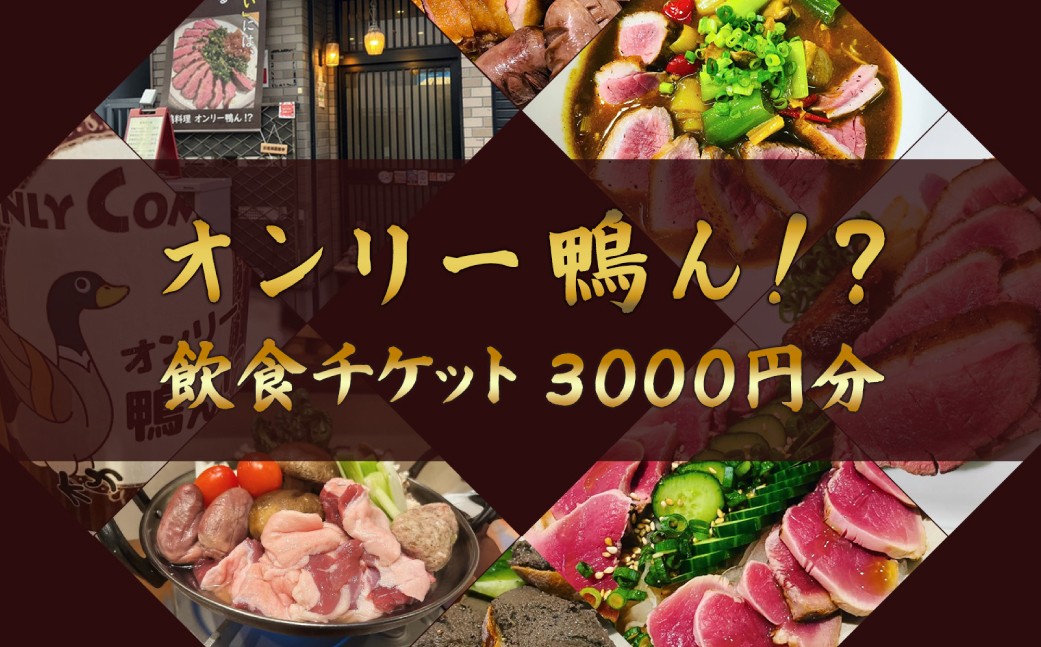 
                  オンリー鴨ん!? 飲食チケット 3000円分（1000円×3枚） 【食事券 鴨料理 ランチ 金券 チケット 京鴨 】
                