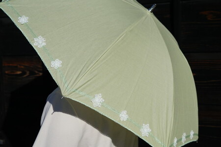 雪華模様の刺繍入り日傘（晴雨兼用・サイズ50ｃｍ・UV加工・麻50％綿50％）カラー：薄緑 _BL23