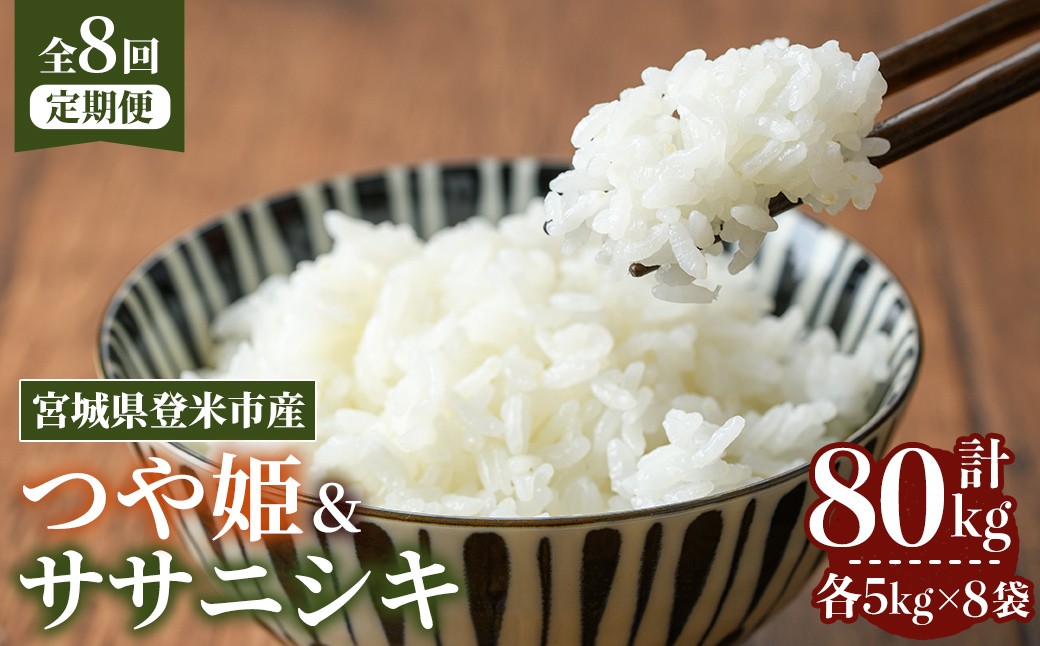 
                  ≪令和7年産≫【8回定期便】ササニシキ・つや姫 計80kg (各5kg×8回配送) 登米市産 お米 おこめ 米 コメ 白米 ご飯 ごはん おにぎり お弁当 8か月 頒布会【登米ライスサービス株式会社】tm488
                