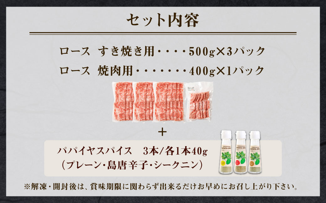 特選 鹿児島黒毛和牛 すき焼き 焼肉 パパイヤスパイス ３種セット
