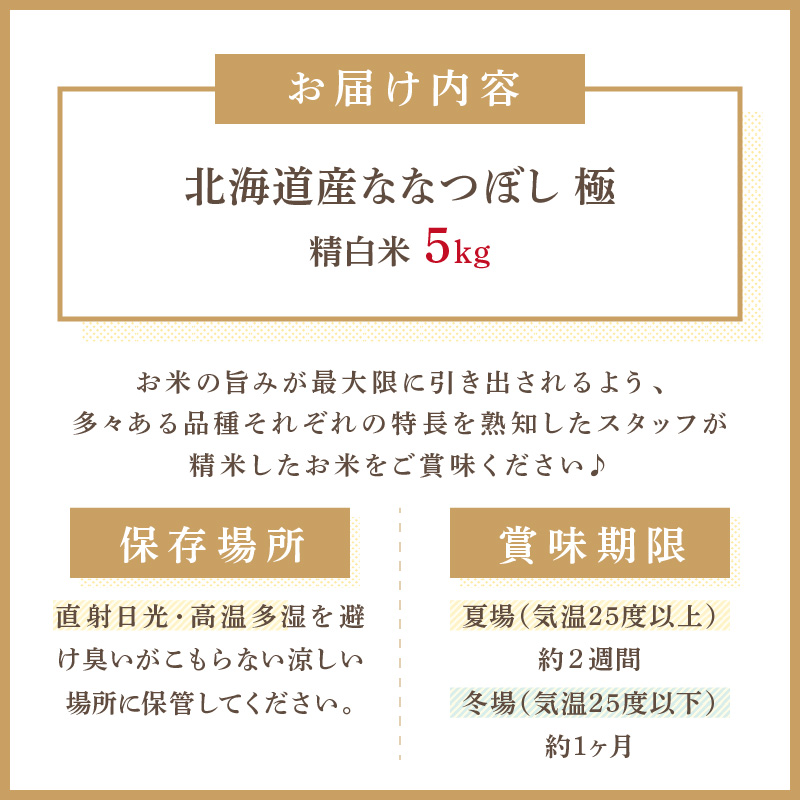 《7営業日以内に発送》【新米】令和7年産 ななつぼし 5kg 北海道産 極 精白米 最高ランク 特A ( お米 米 精米 5キロ 北海道産 精白米 )【080-0078】