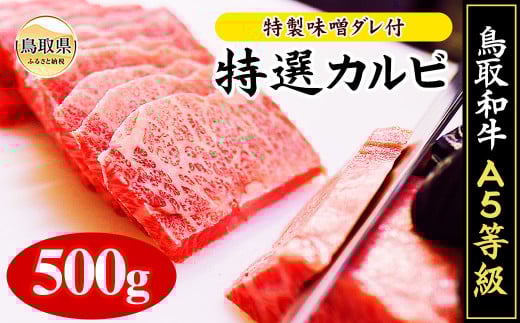 C24-191 鳥取和牛A5等級　特選カルビ 500g 焼肉用・特製味噌ダレ付【数量限定】