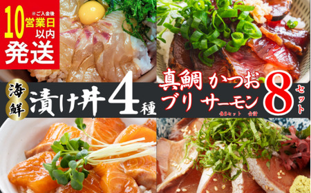【10営業日以内発送】 漬丼 厳選 4種 8食 セット 真鯛 カツオ ブリ サーモン 10000円 食べ比べ 漬け丼 づけ丼 海鮮丼 鯛 たい かつお 鰹 鮭 冷凍 人気 魚介 海鮮 食べ比べ お手軽 加工品 簡単 晩ごはん 小分け パック 新鮮 鮮魚 養殖 国産 詰め合わせ ギフト プレゼント 本格 ふるさと納税 南予ビージョイ 愛南町 愛媛県