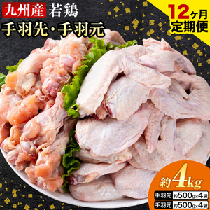【12ヶ月定期便】 九州産 手羽先（500g×4袋）・手羽元（500g×4袋）セット 計4kg 鶏肉 肉 鶏 手羽 唐揚げ 詰め合わせ セット 冷凍 九州 国産 熊本県 菊池市 送料無料《お申し込みの翌月から出荷》