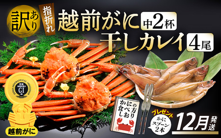 「訳あり 指折れ 越前がに（中）2杯」+ 「干しカレイ 4尾」【12月発送分】 食べ方しおり かにスプーン付き【雄 ズワイガニ ずわいがに 越前ガニ 姿 ボイル 冷蔵 福井県】希望日指定可 備考欄に希望日をご記入ください [e15-x006_12]