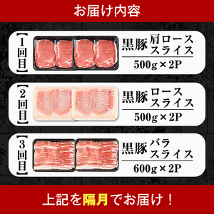 i1146-B ＜定期便・計3回(隔月)＞鹿児島県産 黒豚 定期便(合計3.2kg) 国産 鹿児島県産 豚肉 黒豚 ブタしゃぶしゃぶ 豚バラ バラスライス ローススライス 個包装 小分け 定期便 3回