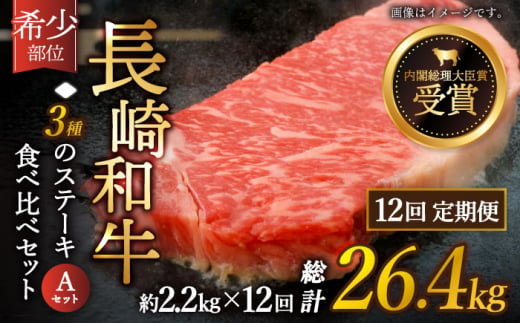 【全12回定期便】「希少部位 たっぷり 食べ比べ 」長崎和牛 贅沢3種の ステーキ Aセット 計26.4kg （約2.2kg/回）【黒牛】 [QBD061] ザブトン シャトーブリアン サーロイン 227万4千円 2274000円