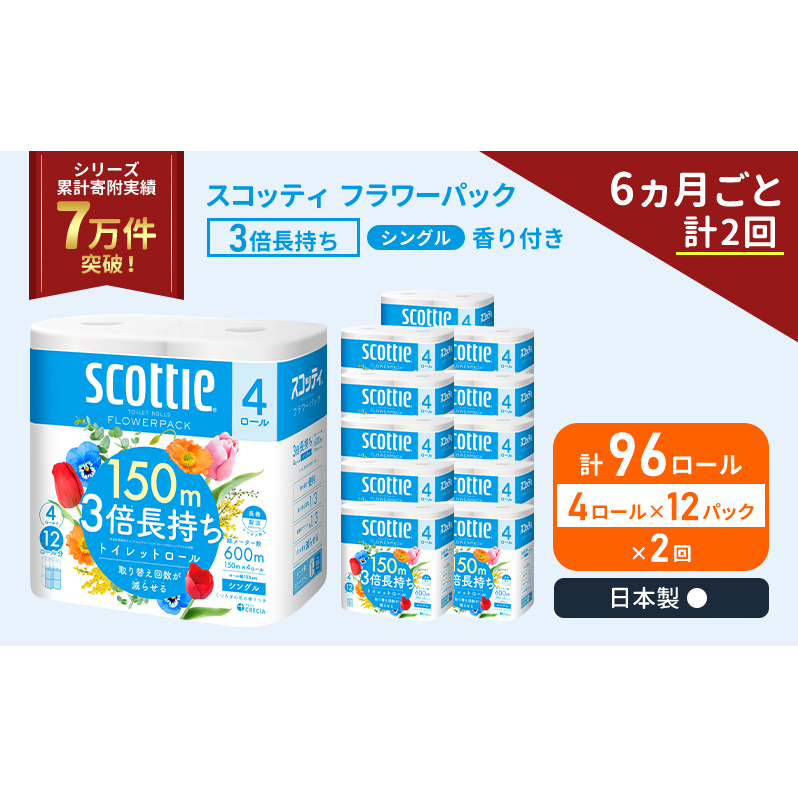 定期便 トイレットペーパー シングル スコッティ フラワーパック 3倍長持ち 96ロール ( 4ロール × 12パック ) 《 6ヶ月ごと 計  2回 》香り付き