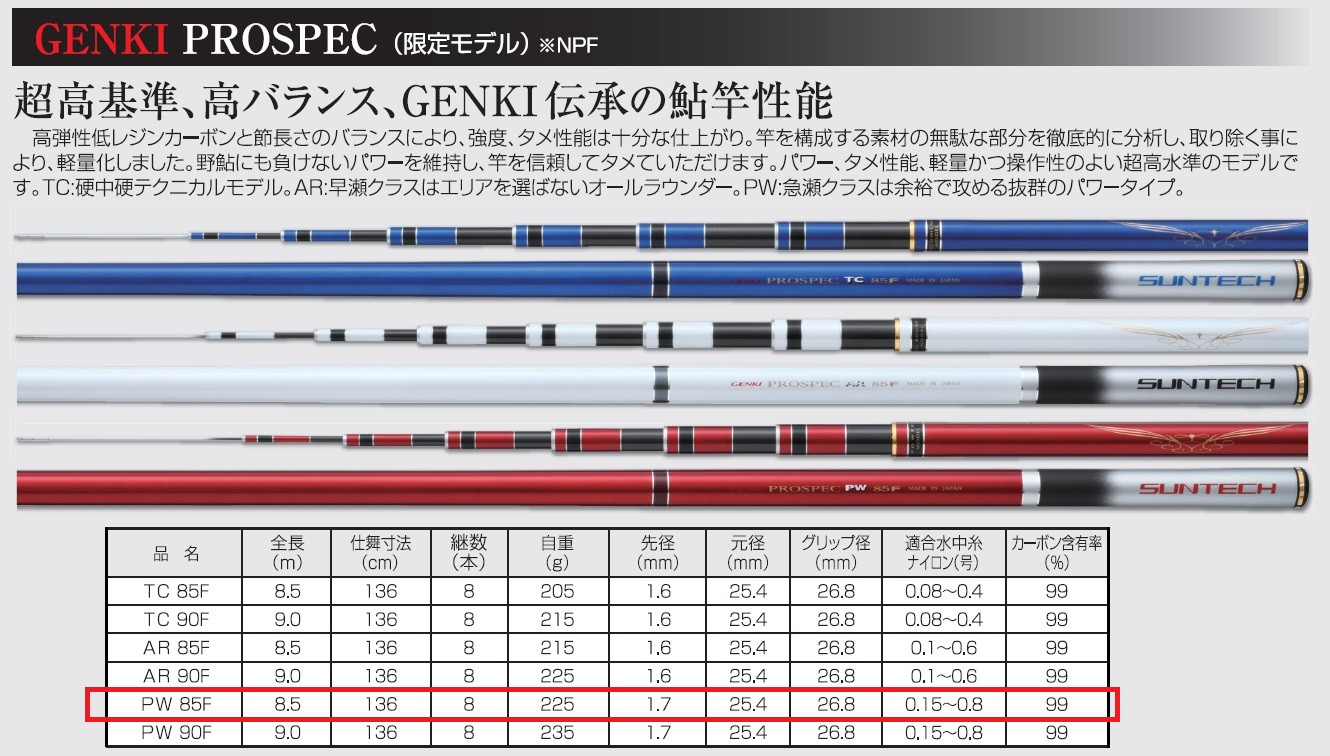 
【日本製・鮎竿限定モデル】GENKI PROSPEC PW 85F（411-1）
