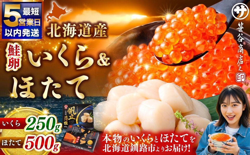 【5営業日以内発送】通常発送 笹谷商店  北海道産 いくら醤油漬け250g＆ほたて貝柱500g  お刺身 国産 イクラ イクラ醤油漬け 鮭いくら 鮭卵 ほたて貝柱 帆立 ホタテ ほたて 海鮮丼 詰め合わせ ギフト 化粧箱 海鮮 魚介 冷凍 グルメ 北海道 釧路市
