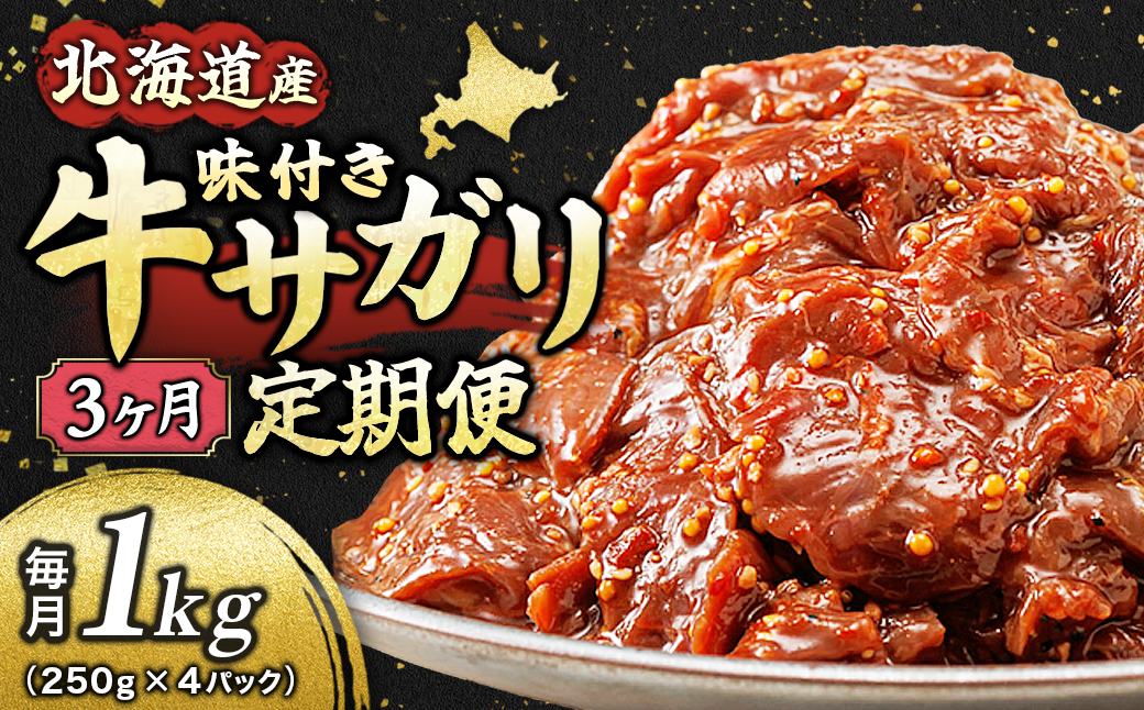 【毎月定期便】北海道産牛肉のみ使用 味付牛サガリ (ハラミ) 1kg 焼肉 BBQにも最適　全3回【配送不可地域：離島】