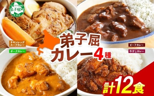 
782.カレー 4種 食べ比べ 計12個 中辛 スープカレー ビーフカレー ポークカレー 牛すじカレー じゃがいも 牛 牛肉 豚肉 肉 鳥 鶏 業務用 レトルトカレー 保存食 備蓄 まとめ買い 北海道 弟子屈町
