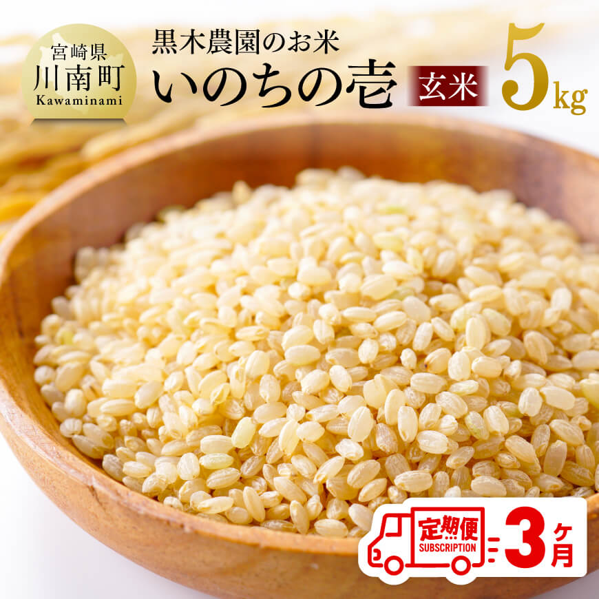 【ふるさと納税】【3ヶ月定期便】【令和7年産】黒木農園のお米「いのちの壱(玄米)」5kg - 米 お米 玄米 国産 九州産 宮崎県産 新米 食物繊維 ビタミンE ビタミンB1 おにぎり にぎりめし 適度な粘り お届け お取り寄せ 産地直送 農家直送 送料無料 宮崎県川南町 C03225t3