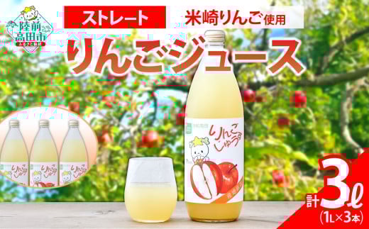 【米崎りんご使用】 ストレート りんごジュース 1L×3本 セット 【 りんご ジュース アップルジュース フレッシュ セット 詰め合わせ ギフト 贈答品 たかたのゆめちゃん パッケージ 荒沢正孝 】