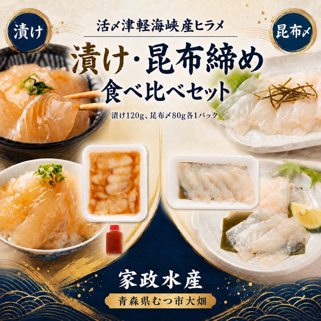 【ふるさと納税】活〆天然ヒラメ　漬け・昆布締め　刺身食べ比べ　200g　津軽海峡産【配送不可地域：沖縄及び離島】 刺身 海鮮 海産物 ふるさと納税 青森県産 むつ市