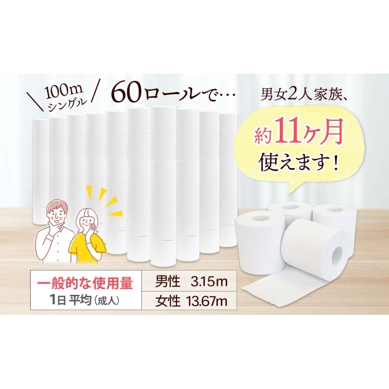 定期便 3ヶ月毎 全3回 無包装 トイレットペーパー シングル ハードタイプ 100m 60ロール 長巻き 紙ペーパー エコ 日用品 消耗品 トイレ用品  114mm幅 非常用 備蓄 ストック まとめ