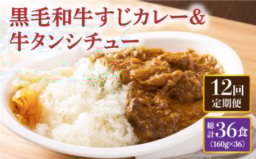 【全12回定期便】 黒毛和牛 牛すじカレー＆牛タンシチュー 毎月3食 長与町/炭火焼肉あおい [EBW009] 黒毛和牛 カレー かれー レトルト 牛タン 牛たん シチュー しちゅー 簡単 常温 定期便 定期 ていきびん