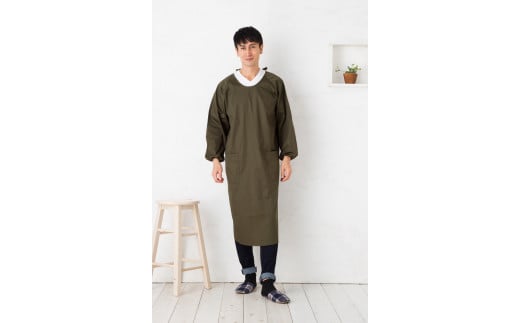 【カーキ】ロング丈シンプルラグランメンズ割烹着