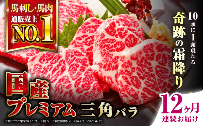 
            【全12回定期便】熊本県産 三角バラ 馬刺し 約100g 専用醤油付き 熊本 国産 冷凍 馬肉 馬刺 ヘルシー 真空 パック 奇跡 霜降り【株式会社 利他フーズ】 [YBX059]
          