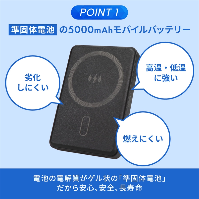 Owltech(オウルテック) 準固体電池採用 スマホリング搭載 5000mAh 最大PD20W対応 USB Type-C入出力 マグネット式ワイヤレス充電対応 モバイルバッテリー OWL-LPB50