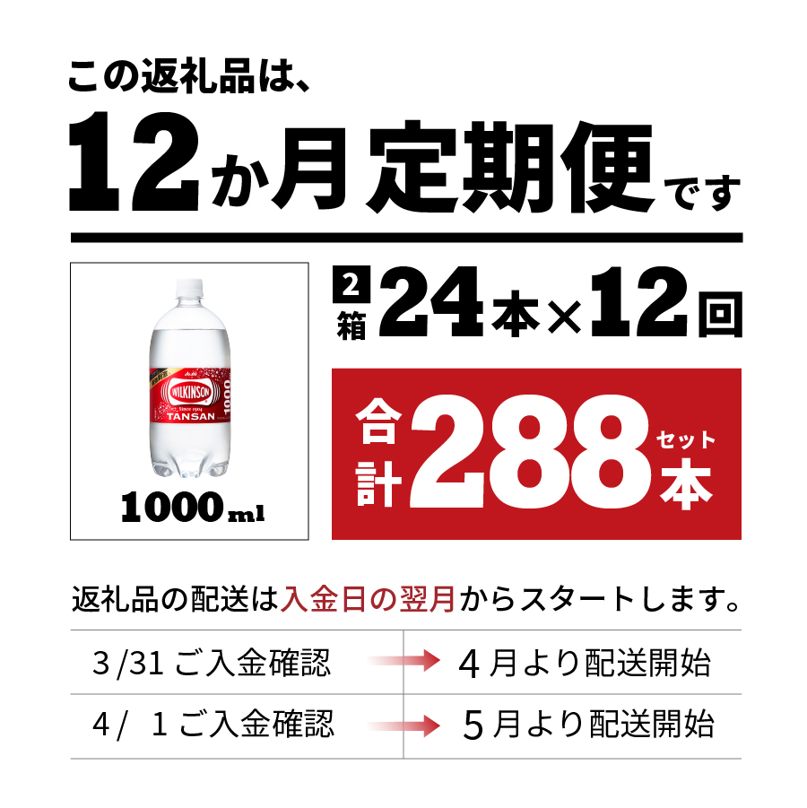 【12ヶ月お届け！】炭酸水 ウィルキンソン タンサン PET1L×2箱 (24本入) 定期便