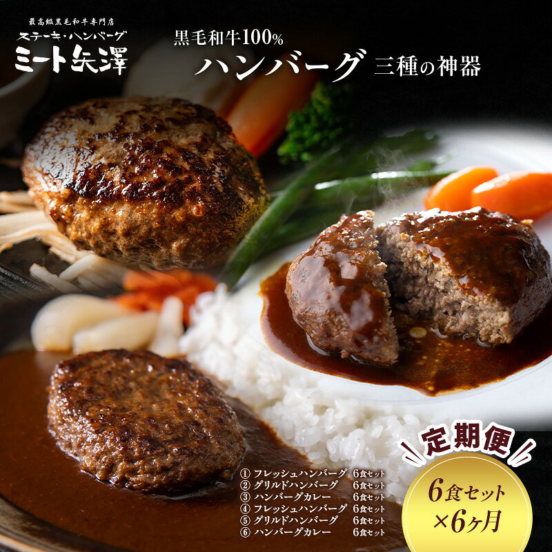 【ふるさと納税】カレー 【定期便】ミート矢澤 6食セット×6ヶ月 黒毛和牛100%ハンバーグ 三種の神器 肉汁 和風醤油 デミグラスソース 専門店 赤身肉 サーロイン 東京都大田区