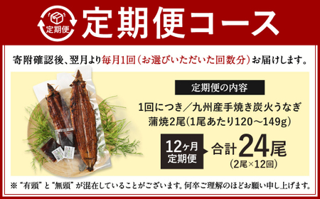 【12ヶ月定期便】九州産 手焼き炭火 うなぎ蒲焼 2尾（1尾あたり120～149g） 合計24尾 たれ 山椒 鰻 蒲焼き 冷凍 国産 送料無料 鹿児島、宮崎、熊本等産うなぎ原料使用