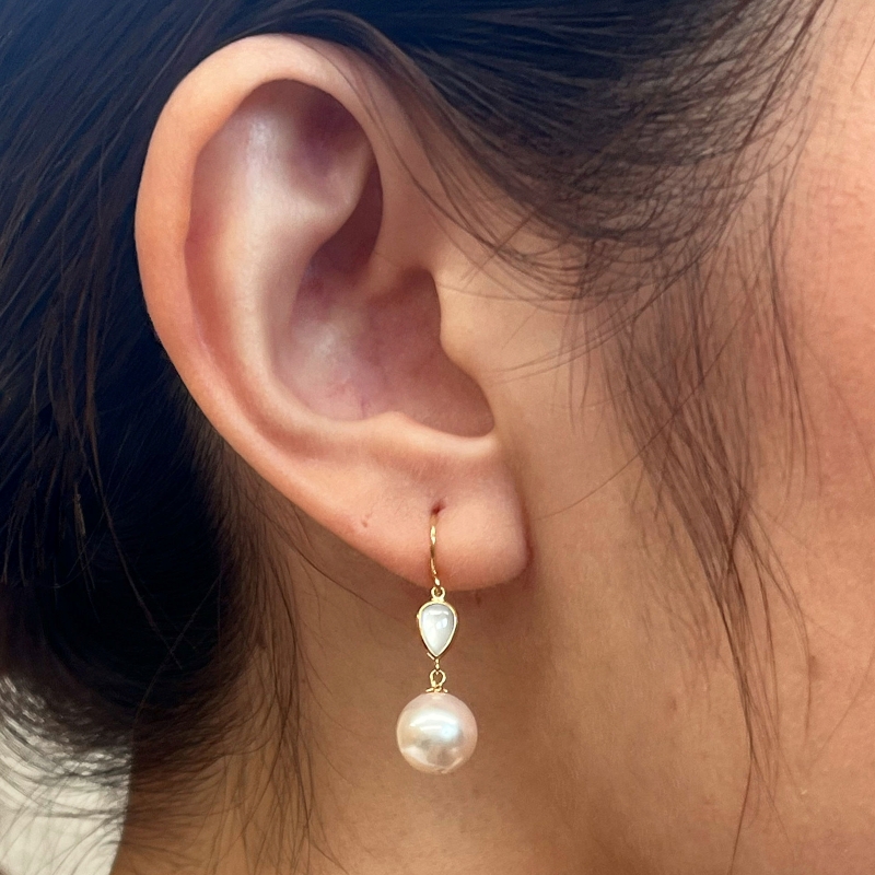 S101-417_あこや真珠 天草 ピアス シェル 8mm - 8.5mm ドロップ ホワイトピンク K18 K14 YG WG