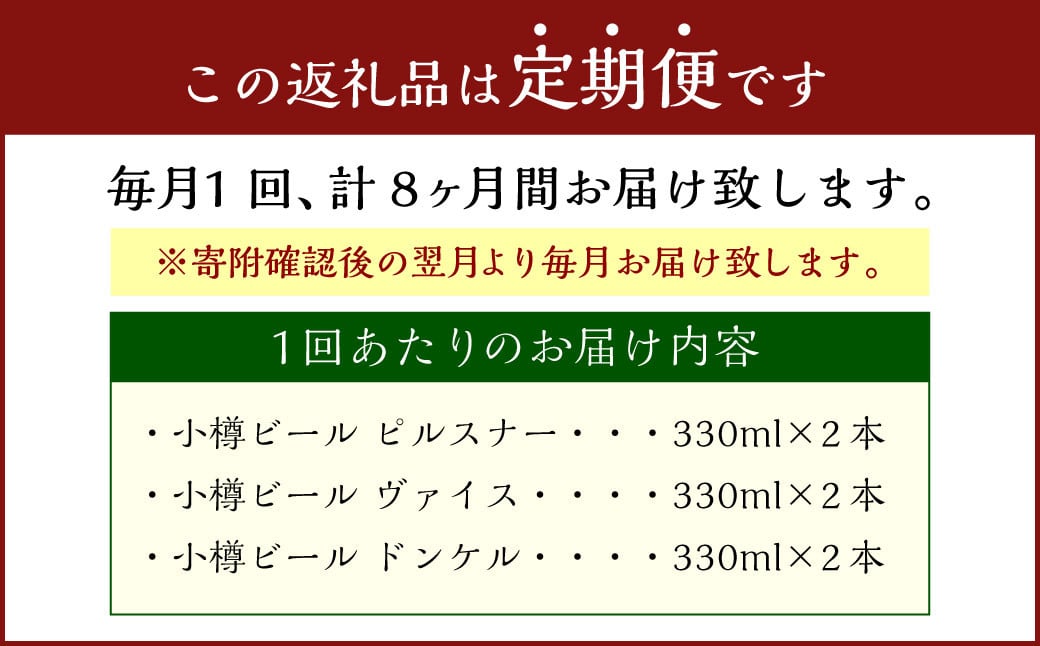 【8回定期便】 小樽ビール 6本セット（ ピルスナー ・ ヴァイス ・ ドンケル 各2本）×8回 計48本 ビール ドイツビール クラフトビール お酒 3種 詰め合わせ 飲み比べ セット 常温