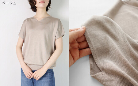 洗える サマーニット シルク100％ Vネック プルオーバー フレンチスリーブ ( ベージュ ) レディース フリーサイズ 日本製 | 半袖 ニット ウォッシャブル 春 夏 シンプル 新潟県 五泉市 