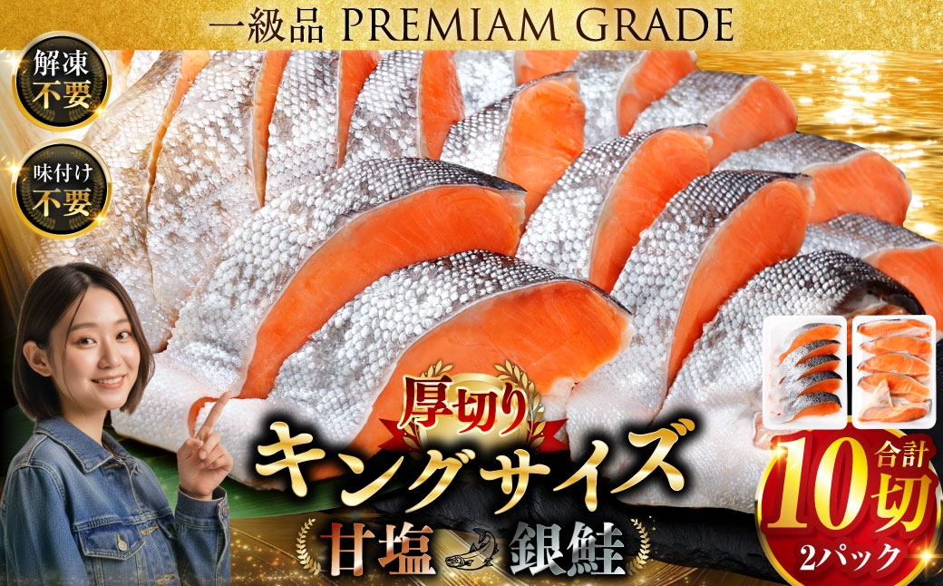 
                  ＼配送月が選べる／旨味抜群！！第三弾！キングサイズの甘塩銀鮭 半身 厚切10切！ 厳選 鮭 銀鮭 しゃけ シャケ さけ サケ 切身 切り身 冷凍 パック 焼くだけ おかず 1級品 手切り おにぎり お茶漬け 個包装 簡単調理
                