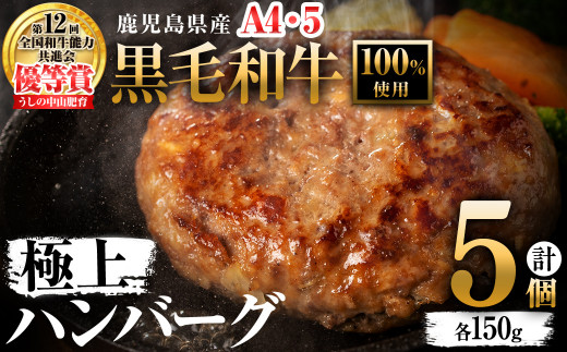 ＜A4・A5等級＞鹿児島県産 黒毛和牛100%使用 極上ハンバーグ(計750g/150g×5個)  黒毛和牛 和牛 ハンバーグ 冷凍ハンバーグ 肉 牛肉 国産 九州産 鹿児島県産 ミンチ 100% 小分け A4 A5 ランキング  a2-086