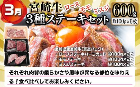 【年末企画】『宮崎牛』ステーキ食べ比べ定期便(3ヶ月)_T57-MY01_(都城市) 定期便 A5ランク 宮崎牛ヒレステーキ ロースステーキ 赤身 ももステーキ サイコロステーキ
