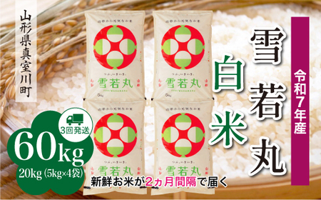 ＜令和7年産米＞ 令和8年5月中旬より発送 雪若丸【白米】60kg定期便(20kg×3回) 山形県真室川町　◆RR7Y6020M-H2605B