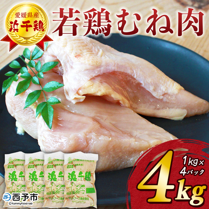 ＜銘柄鶏 浜千鶏 愛媛県産 若鶏むね肉 4kg（1kg×4）＞ 国産 鶏肉 鳥肉 とり チキン むね肉 ムネ はまちどり 精肉 にく ブロック 料理 アレンジ 夕飯 夕食 お弁当 昼食 唐揚げ から揚げ マルハフーズ株式会社 愛媛県 西予市【冷凍】『1か月以内に順次出荷予定』