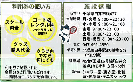 白井テニスクラブ利用券 3,000円分 レンタルテニスコート＆スクール対応 ラケットやボールの貸出あり 手ぶらでテニス レンタルテニスコート レンタルコート テニス練習 テニススクール 体験レッスン 