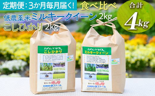 【新米】【定期便】3か月毎月届く！低農薬米ミルキークイーン2kg＋こしひかり2kg 食べ比べ 合計4kg | 米 こめ コメ 4キロ 定期便 低農薬米 食べ比べ 食べくらべ こしひかり コシヒカリ ミルキークイーン みるきーくいーん 古河市産 茨城県産 贈答 贈り物 プレゼント 茨城県 古河市 直送 農家直送 産地直送 送料無料 _BI96