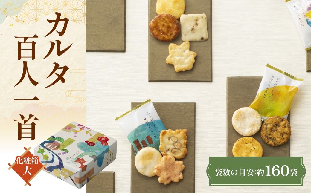 
                  カルタ百人一首 化粧箱(大) （袋数の目安：約160袋） ふるさと納税  京都 和菓子 老舗 せんべい おかき あられ 煎餅  おやつ カルタ 百人一首 京都府 長岡京市 NGAK31
                