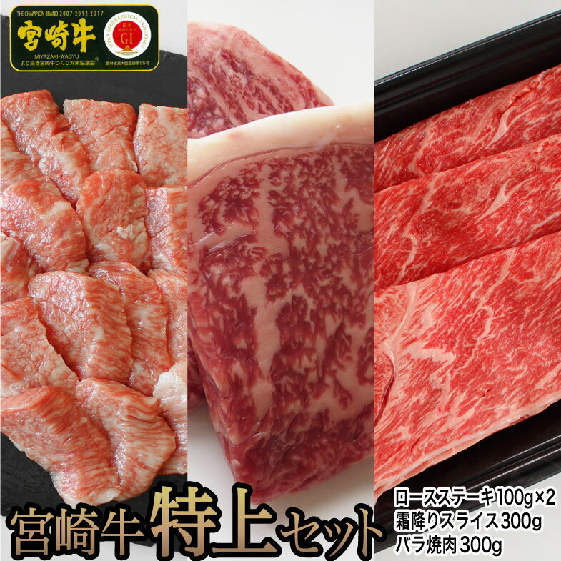 【ふるさと納税】寄附確認後1ヶ月以内発送 宮崎牛特上セット800g(ロースステーキ100g×2・霜降りスライス300g・牛バラ焼肉300g) 牛肉 真空 冷凍 内閣総理大臣賞受賞 宮崎県産 送料無料