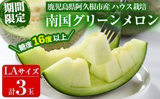 数量限定！鹿児島県産南国グリーンメロン(LAサイズ×3個) メロン フルーツ 果物 鹿児島 国産 青肉 期間限定 LA【東新グリーンファーム合同会社】akn062-09