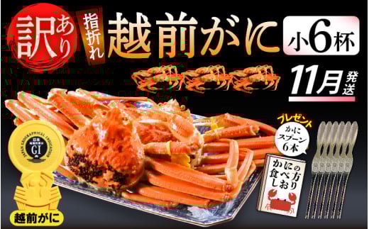 【訳あり】≪浜茹で≫指折れ 越前がに（小） × 6杯 食べ方しおり かにスプーン付き【雄 ズワイガニ ずわいがに 越前ガニ 姿 ボイル 冷蔵 福井県】【11月発送分】希望日指定可 備考欄に希望日をご記入ください [e15-x002_11]