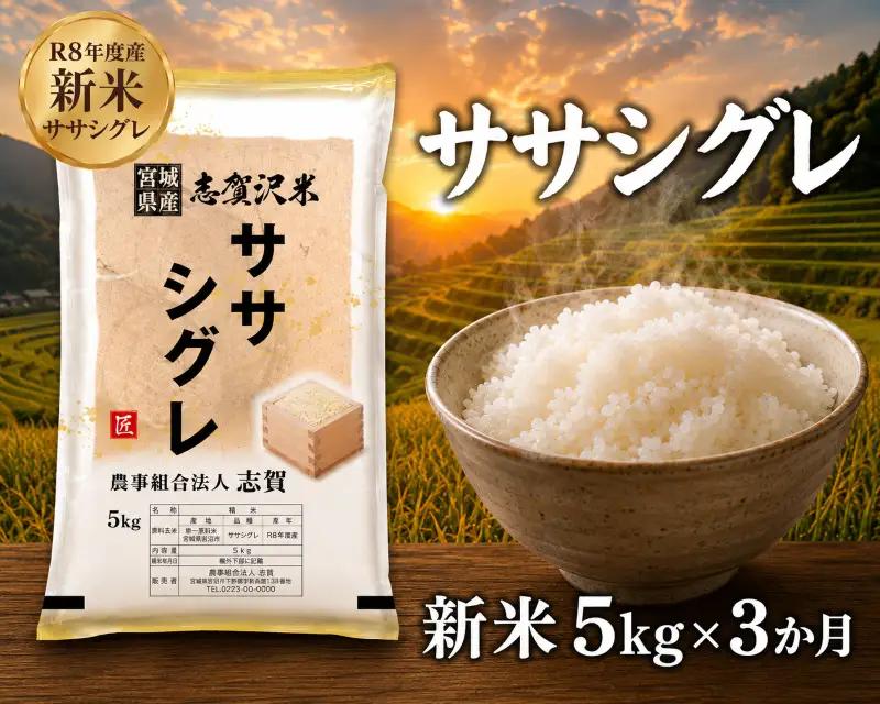 希少 新米 定期便 3ヶ月 令和8年産 ササシグレ 5kg  精米